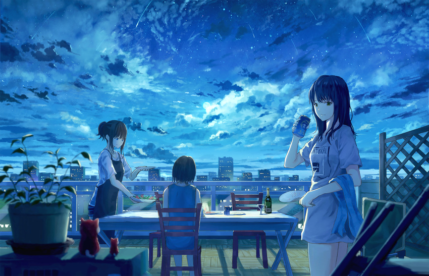 3girls apron beer_can black_hair blue blue_eyes blurry bottle can chair city_lights cityscape clothes_writing clouds cowboy_shot cup depth_of_field dress drinking_glass expressionless fan figure from_behind full_moon highres looking_at_another looking_at_viewer looking_down moon multiple_girls night night_sky original outdoors paper_fan plant plate potted_plant revision rooftop salad shadow shirt shooting_star short_hair short_hair_with_long_locks short_ponytail sky sleeveless sleeveless_dress smile standing star_(sky) starry_sky sugi87 t-shirt table trellis uchiwa wine_bottle wine_glass wooden_floor yellow_eyes