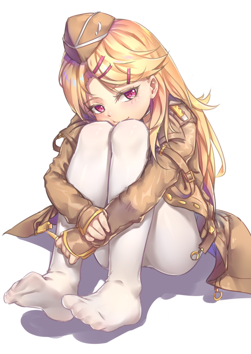 1girl absurdres bangs blonde_hair blush brown_hat brown_jacket bullet cheek_squash closed_mouth commentary_request eyebrows_visible_through_hair garrison_cap girls_frontline hair_ornament hairclip hat highres holding jacket leg_hug long_hair long_sleeves m1919_(girls_frontline) no_shoes pantyhose parted_bangs ray_(pixiv9514208) shadow sleeves_past_wrists smile solo very_long_hair violet_eyes white_background white_legwear