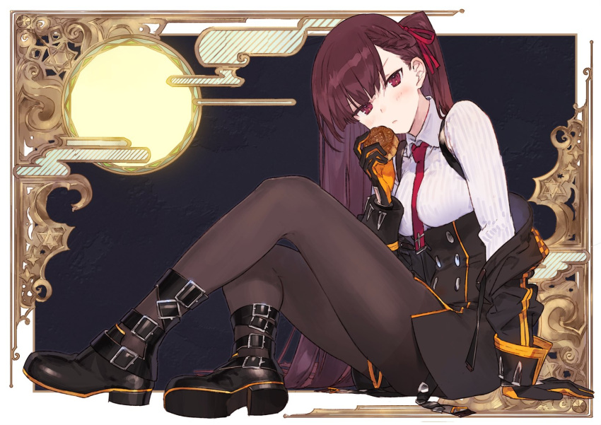 1girl arm_support bangs black_footwear black_legwear black_skirt blazer blush braid breasts closed_mouth collared_shirt eyebrows_visible_through_hair food french_braid girls_frontline gloves hair_ribbon half_updo head_tilt high-waist_skirt highres holding holding_food jacket knee_up large_breasts long_hair looking_at_viewer necktie noco9999 off_shoulder one_side_up pantyhose pelvic_curtain purple_hair red_eyes red_neckwear ribbon shirt shoes sitting skirt solo striped striped_shirt thighband_pantyhose tsundere very_long_hair wa2000_(girls_frontline)