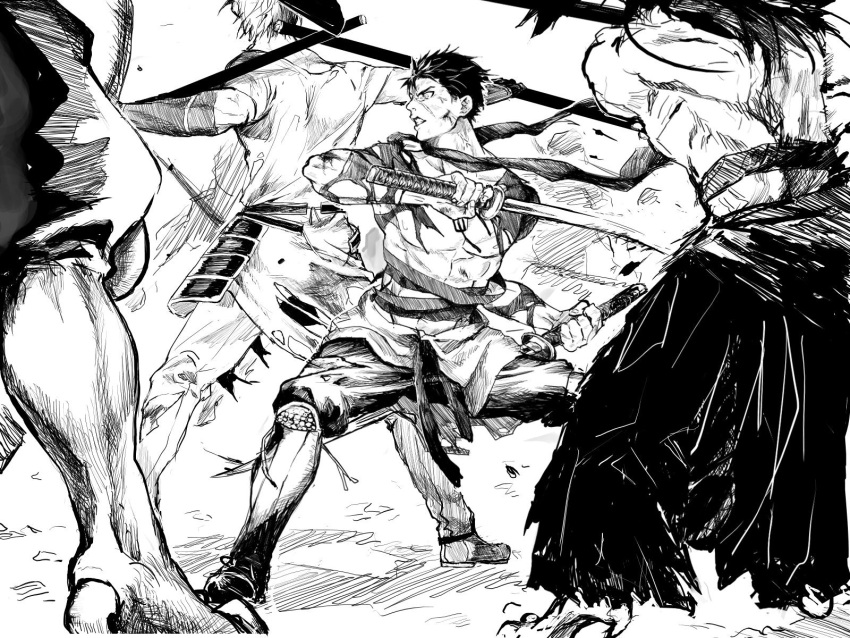 4boys claws clenched_teeth doudanuki_masakuni dual_wielding enemy_uchigatana fighti fighting greyscale highres holding jikan_sokougun long_hair male_focus monochrome multiple_boys muscle otegine simple_background sword teeth touken_ranbu weapon white_background