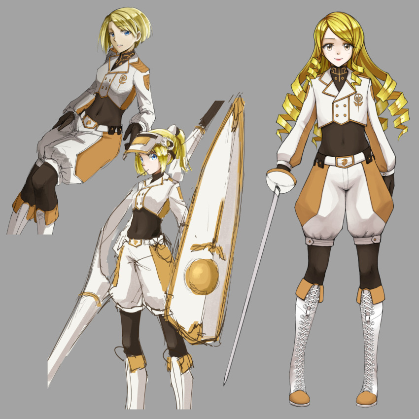 3girls blonde_hair blue_eyes bodysuit boots brown_bodysuit closed_mouth contrapposto covered_navel drill_hair highres holding holding_sword holding_weapon invisible_chair jacket lance long_sleeves looking_at_viewer military military_uniform multiple_girls navel original parted_lips pas_(paxiti) polearm rapier shield short_hair sitting sketch smile standing sword uniform visor weapon white_footwear white_jacket