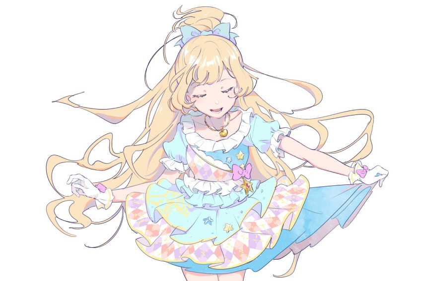 1girl aikatsu!_(series) aikatsu_stars! blonde_hair bow bowing closed_eyes cowboy_shot dress frills gloves hair_bow heart heart_necklace idol jewelry long_hair lower_teeth necklace open_mouth shiontaso shiratori_hime short_sleeves simple_background skirt skirt_lift smile solo star teeth white_background white_gloves