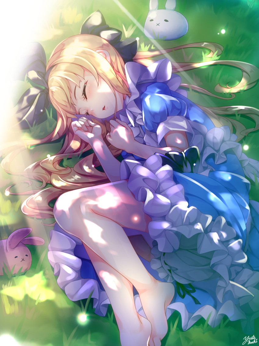 1girl :x animal bangs barefoot black_bow black_ribbon blonde_hair bloomers blue_dress bow closed_eyes commentary_request day dress frilled_dress frills grass hair_bow hair_ribbon highres long_hair lying moeki_yuuta mononobe_alice nijisanji on_grass on_side outdoors parted_lips puffy_short_sleeves puffy_sleeves rabbit ribbon ribbon_trim short_sleeves signature sleeping soles solo sunlight underwear very_long_hair virtual_youtuber white_bloomers