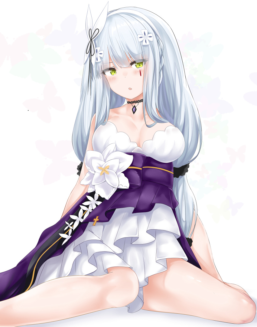 1girl absurdres alternate_costume amethyst arm_support bangs bare_legs bare_shoulders blunt_bangs blush breasts butterfly_background choker cleavage dress eyebrows_visible_through_hair facial_mark girls_frontline green_eyes hair_ornament head_tilt highres hk416_(girls_frontline) large_breasts layered_dress long_hair looking_at_viewer open_mouth ru_zhai sidelocks silver_hair sitting solo strapless strapless_dress teardrop very_long_hair wariza