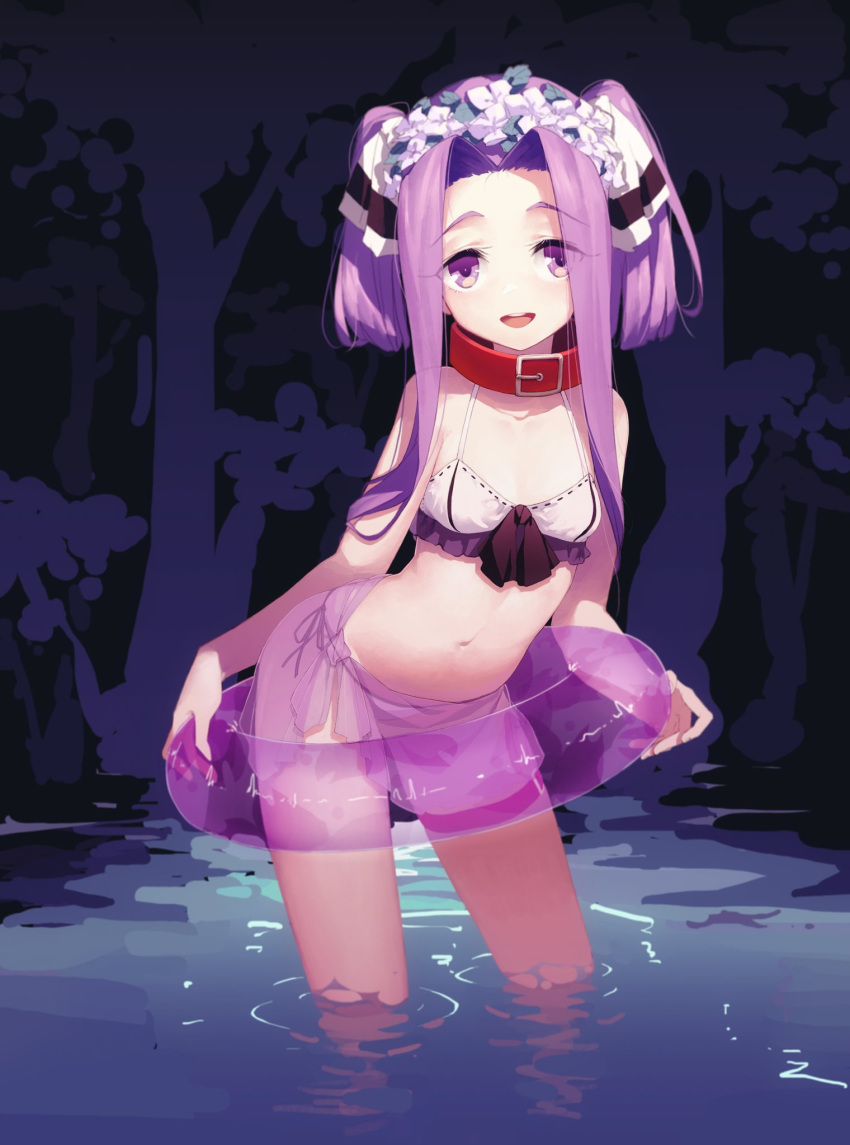 1girl :d bangs bikini breasts collar cute fate/grand_order fate_(series) hair_ribbon head_wreath highres innertube long_hair medusa_(fate)_(all) medusa_(lancer)_(fate) navel open_mouth outdoors parted_bangs purple_hair qiongsheng ribbon ribbon_trim rider side-tie_bikini sidelocks small_breasts smile solo swimsuit twintails violet_eyes wading