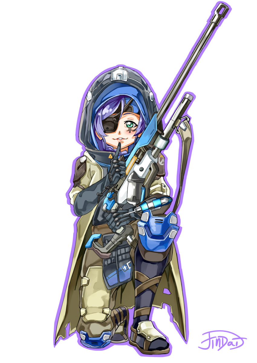 absurdres ana_(overwatch) ana_(overwatch)_(cosplay) cosplay eyepatch facial_tattoo finger_to_mouth gun highres hood jindai3663 love_live! love_live!_school_idol_project one_knee overwatch purple_hair rifle sniper_rifle tattoo toujou_nozomi weapon