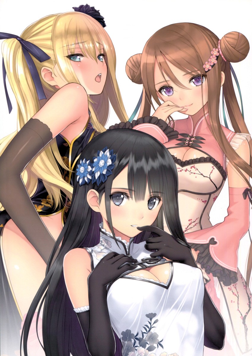 3girls absurdres bangs bare_shoulders black_hair blonde_hair blue_eyes blush bow breasts brown_hair china_dress chinese_clothes cleavage closed_mouth double_bun dress elbow_gloves eyebrows_visible_through_hair floral_print frills gloves hair_bow hair_ornament hand_on_own_chest highres lips long_hair looking_at_viewer multiple_girls open_mouth original parted_lips scan shiny shiny_hair shiny_skin sleeveless smile tanaka_takayuki violet_eyes