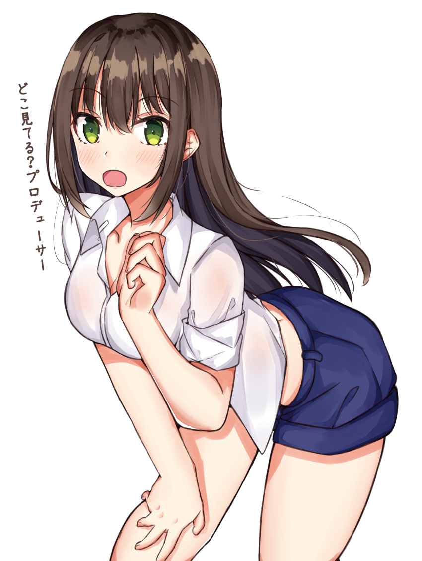 1girl absurdres bangs blue_skirt blush breasts brown_hair cleavage collared_shirt commentary_request eyebrows_visible_through_hair fingernails green_eyes hair_between_eyes hand_on_thigh hand_up highres idolmaster idolmaster_cinderella_girls long_hair medium_breasts norazura pleated_skirt shibuya_rin shirt short_sleeves sidelocks simple_background skirt sleeves_folded_up solo translated very_long_hair white_background white_shirt