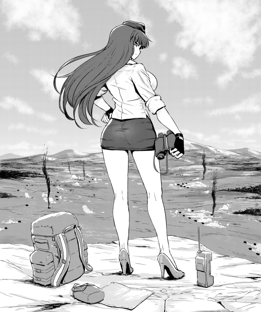 1girl absurdres ass backpack bag bangs blouse blunt_bangs canteen closed_mouth clouds cloudy_sky commentary day fingerless_gloves from_behind frown full_body garrison_cap girls_und_panzer gloves greyscale guhanshounen halftone hand_on_hip hat high_heels highres holding_binoculars kneepits long_hair looking_at_viewer looking_back map mature military military_hat military_uniform miniskirt monochrome mountain nishizumi_shiho outdoors pencil_skirt skirt sky sleeves_rolled_up smoke solo standing straight_hair uniform walkie-talkie wind