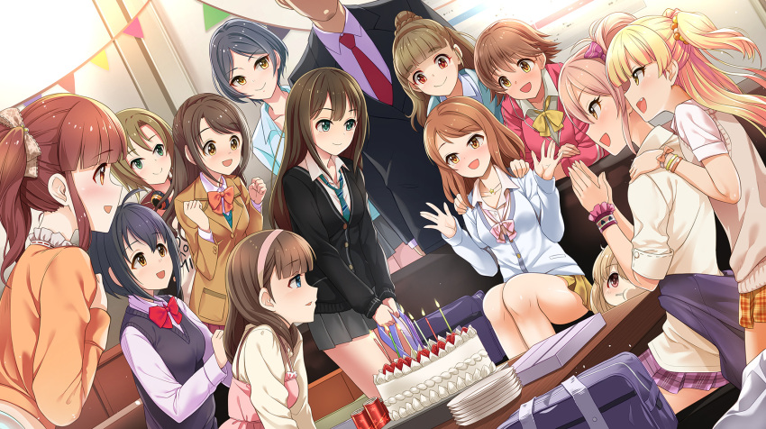 1boy 6+girls :d birthday_cake blazer blush bow bowtie cake candle character_request collarbone commentary_request eyebrows_visible_through_hair food formal hair_bobbles hair_ornament hair_ribbon hands_on_another's_shoulders hayami_kanade headphones headphones_around_neck highres houjou_karen idolmaster idolmaster_cinderella_girls jacket jewelry jougasaki_mika jougasaki_rika kamiya_nao kazu loose_bowtie loose_necktie multiple_girls necklace necktie open_mouth plaid plaid_skirt plate pleated_skirt ponytail producer_(idolmaster) ribbon sakuma_mayu school_uniform scrunchie shibuya_rin sitting skirt smile suit sweater_vest table tada_riina twintails two_side_up wrist_scrunchie