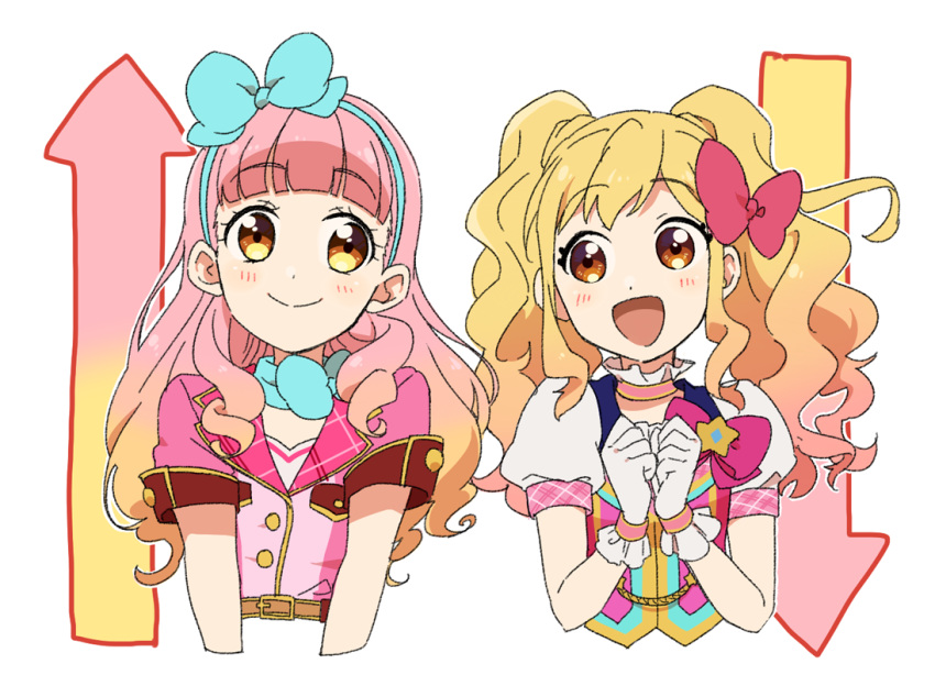 2girls :d aikatsu!_(series) aikatsu_friends! aikatsu_stars! bangs belt blonde_hair blunt_bangs blush bow brown_eyes choker clenched_hands commentary eyebrows_visible_through_hair gloves gradient_hair hair_bow hair_ribbon hairband idol long_hair looking_at_another multicolored_hair multiple_girls nijino_yume open_mouth own_hands_together pink_hair puffy_short_sleeves puffy_sleeves ribbon sakuragi_mochi short_sleeves smile twintails upper_body yuuki_aine