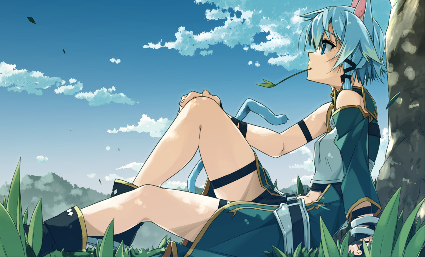 1girl animal_ears asymmetrical_clothes blue_eyes blue_hair blue_sky cat_ears cat_tail clouds day forest hair_ribbon highres mouth_hold nature profile ribbon shikei shinon_(sao-alo) short_hair short_hair_with_long_locks sinon sitting sky solo sword_art_online tail tree