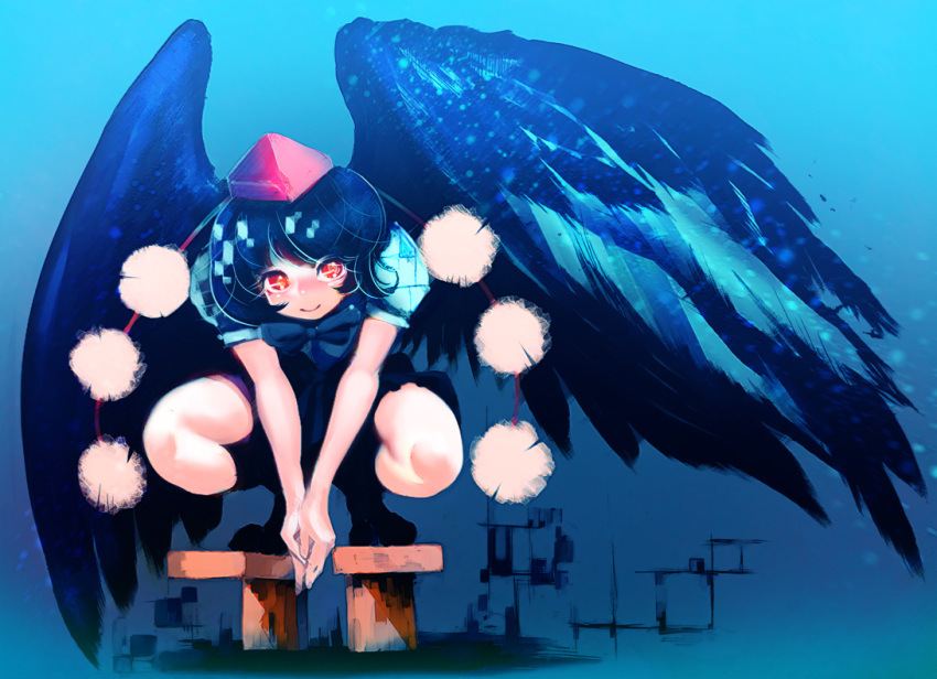 1girl bare_arms bird_wings black_hair black_ribbon black_wings closed_mouth feathered_wings full_body geta hakkasame hat looking_at_viewer orange_eyes pom_pom_(clothes) puffy_short_sleeves puffy_sleeves red_hat ribbon shameimaru_aya short_hair short_sleeves smile solo squatting tengu-geta tokin_hat touhou v_arms wings