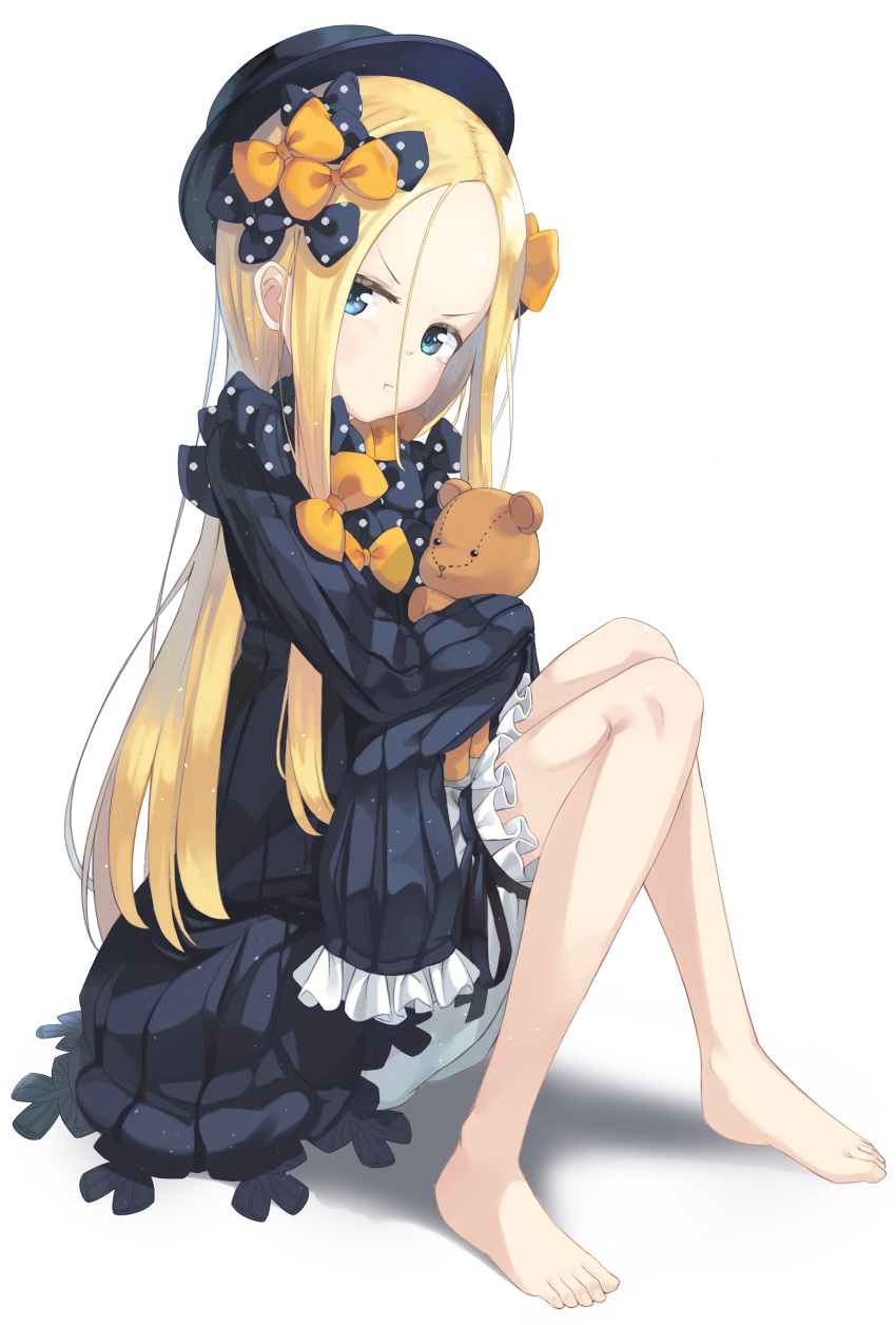 1girl :t abigail_williams_(fate/grand_order) absurdres bangs barefoot black_bow black_dress black_hat blonde_hair bloomers blue_eyes bow bug butterfly closed_mouth commentary_request dress fate/grand_order fate_(series) forehead full_body hair_between_eyes hair_bow hat head_tilt highres insect kimyo knees_together_feet_apart long_hair long_sleeves looking_at_viewer object_hug orange_bow parted_bangs polka_dot polka_dot_bow pout sitting sleeves_past_fingers sleeves_past_wrists solo stuffed_animal stuffed_toy tears teddy_bear toenails underwear v-shaped_eyebrows very_long_hair white_background white_bloomers