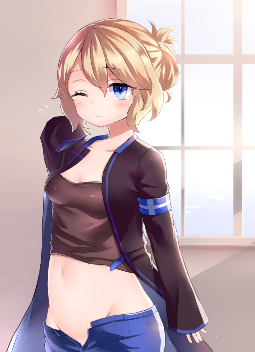 1girl arm_up blonde_hair blue_eyes breasts commentary_request folded_ponytail hair_between_eyes highres jacket long_hair long_sleeves midriff navel neit_ni_sei one_eye_closed open_pants original pala_bergsson shiny shiny_skin sleepy sleeves_past_wrists small_breasts solo standing strapless sunlight tubetop upper_body window