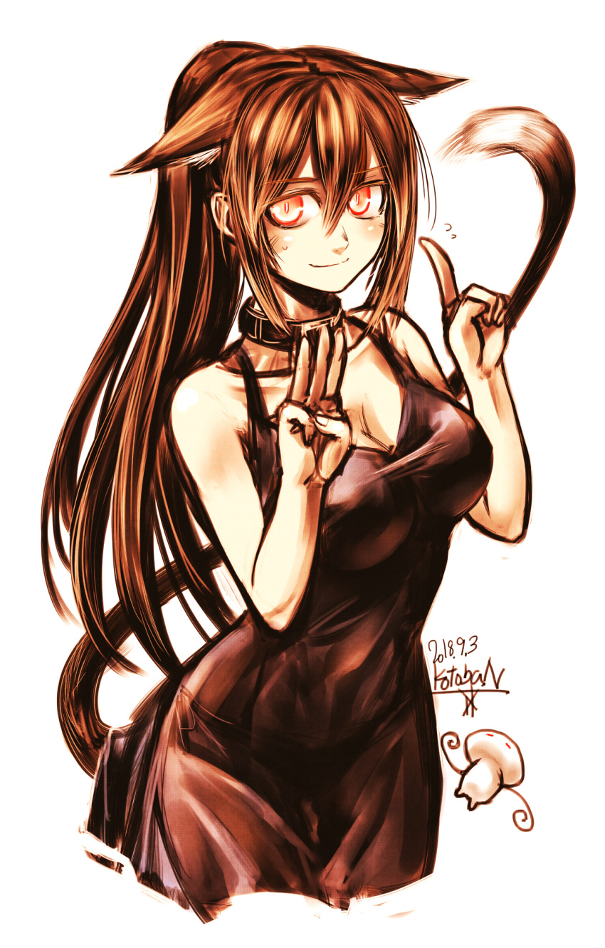 1girl animal_ear_fluff animal_ears bare_arms bare_shoulders belt_collar blush breasts cat_ears cat_tail cleavage closed_mouth commentary_request dated dress ears_down flying_sweatdrops halterneck hands_up highres kotoba_noriaki large_breasts limited_palette long_hair looking_at_viewer original panties ponytail red_eyes see-through side-tie_panties signature simple_background slit_pupils smile solo tail underwear white_background