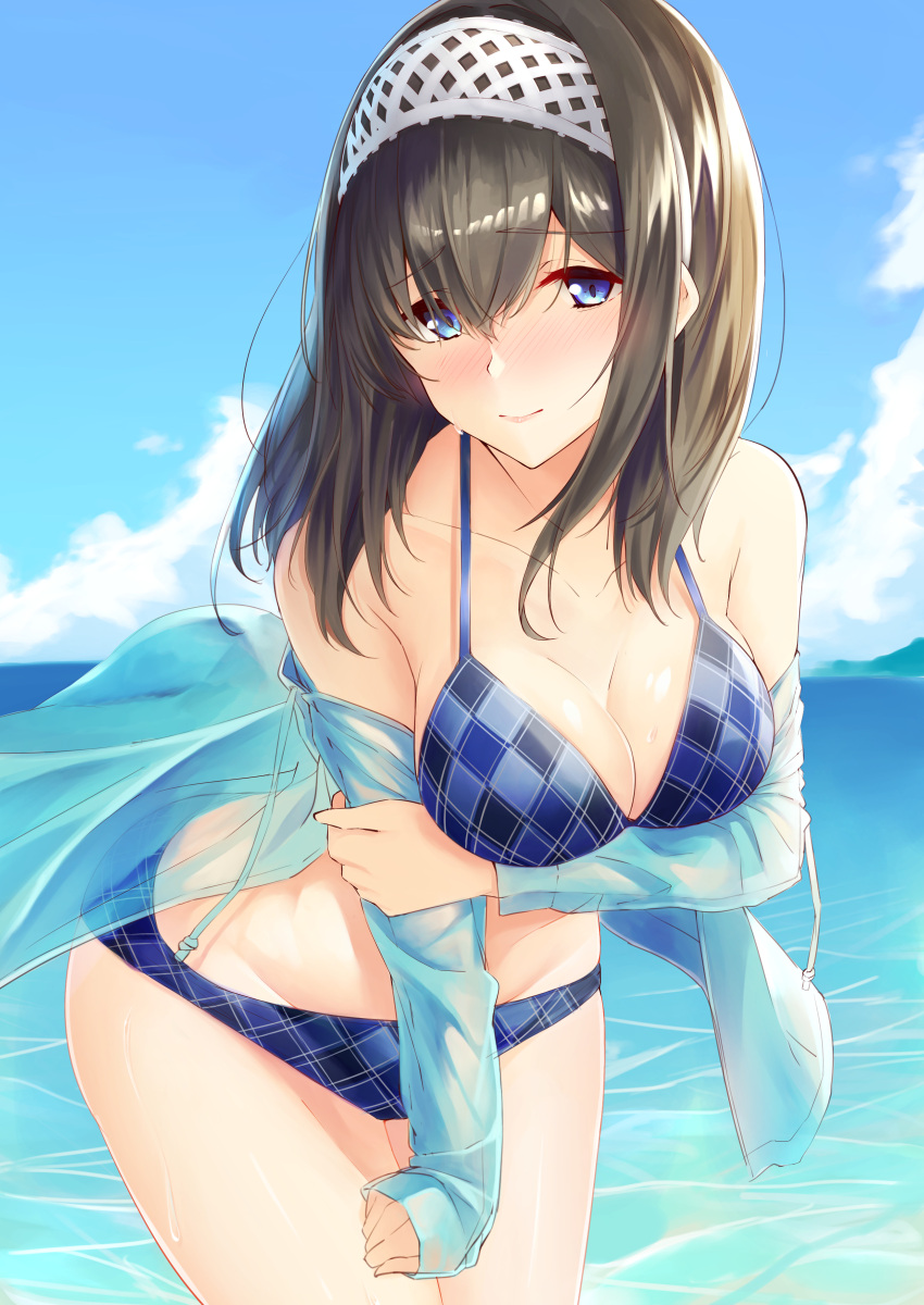 1girl absurdres arm_under_breasts bikini black_hair blue_eyes blue_sky blush breasts cleavage clouds eyebrows_visible_through_hair hairband highres idolmaster idolmaster_cinderella_girls jacket leaning_forward legs_together light_smile long_hair long_sleeves looking_at_viewer medium_breasts megurumiru ocean outdoors partially_submerged sagisawa_fumika sky smile solo standing swimsuit