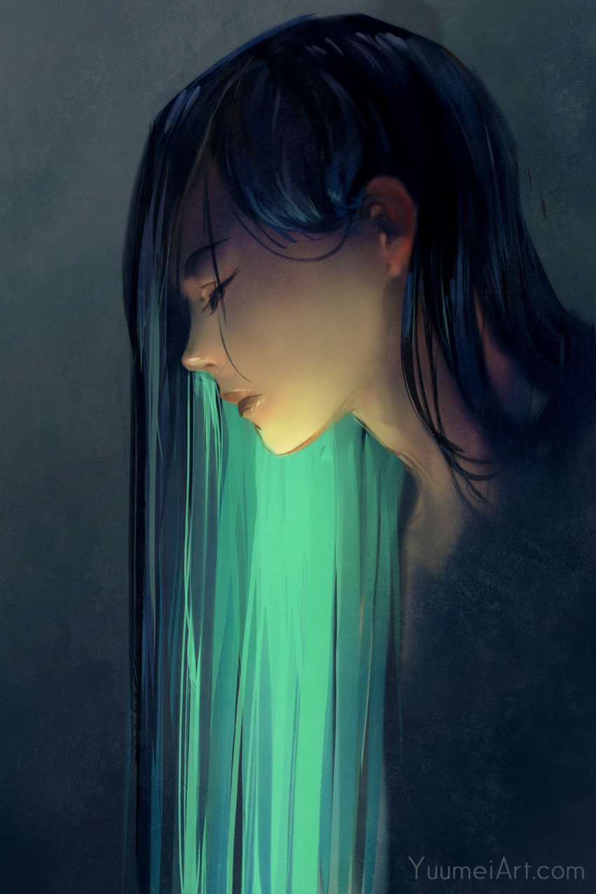 1girl closed_eyes closed_mouth commentary english_commentary from_side green_hair highres lips long_hair original portrait profile solo speedpaint watermark web_address wenqing_yan
