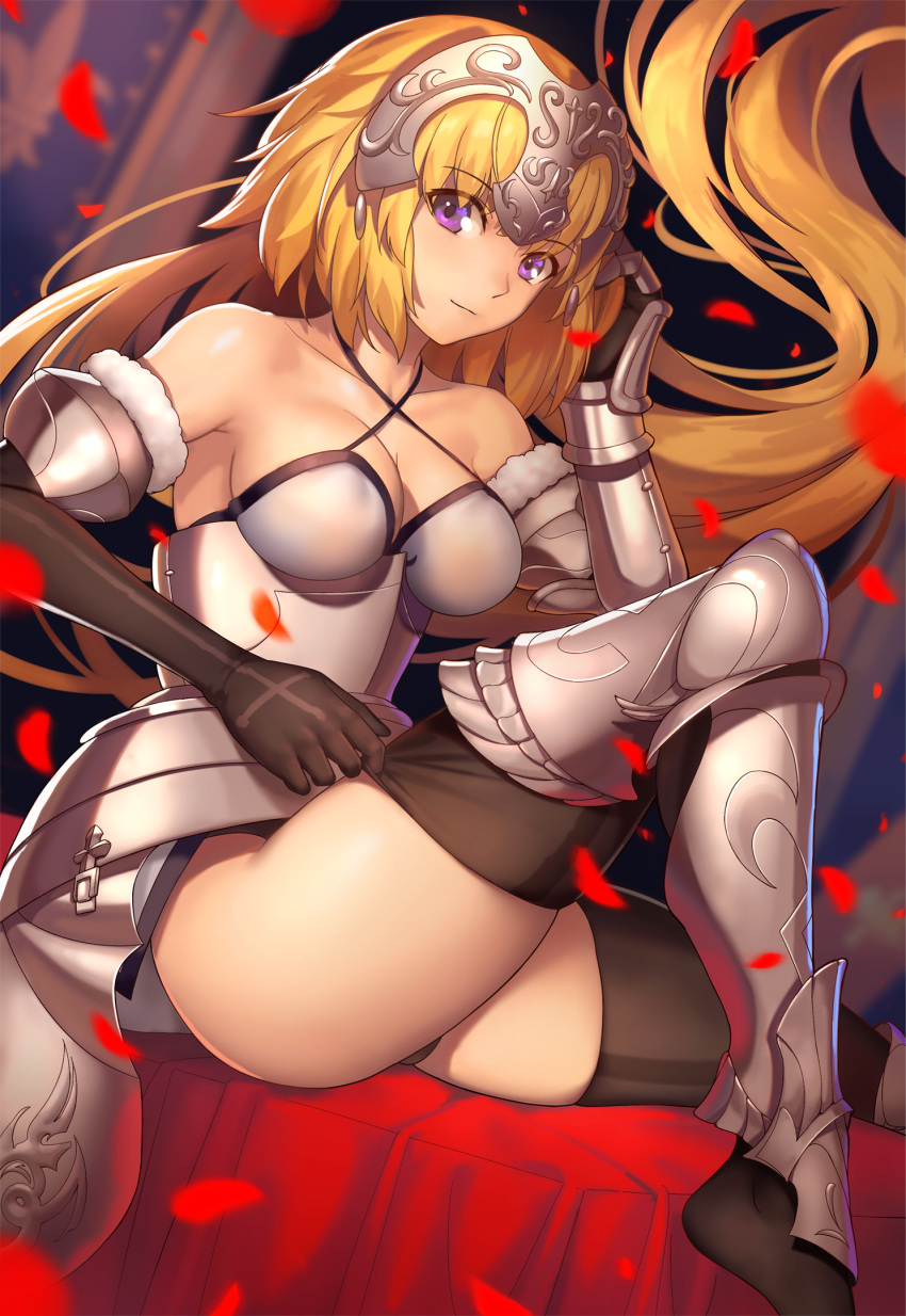 1girl armor bangs bare_shoulders black_gloves black_legwear blonde_hair blurry breasts cleavage closed_mouth commentary_request criss-cross_halter depth_of_field eyebrows_visible_through_hair eyes_visible_through_hair fate/grand_order fate_(series) gauntlets gloves halterneck headpiece highres jeanne_d'arc_(fate) jeanne_d'arc_(fate)_(all) light_smile long_hair looking_at_viewer medium_breasts petals revision sitting solo thigh-highs tsuki_suigetsu very_long_hair violet_eyes