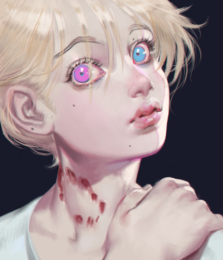1boy absurdres bite_mark black_background blonde_hair blood blue_eyes commentary english_commentary eyelashes hair_between_eyes hair_over_one_eye han_seung_hee hand_on_shoulder heterochromia highres lips looking_at_viewer male_focus mole mole_above_eye mole_under_mouth original platinum_blonde portrait shiny shiny_hair shirt simple_background solo white_shirt