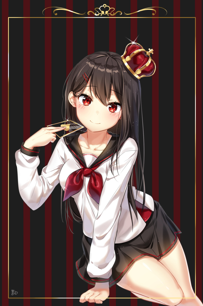 1girl arm_support bangs black_sailor_collar black_skirt blush breasts brown_hair card closed_mouth collarbone commentary crown english_commentary eyebrows_visible_through_hair hair_between_eyes hair_ornament hairclip hand_up head_tilt heart highres holding holding_card long_hair long_sleeves medium_breasts mini_crown moong_gya neckerchief original pleated_skirt red_eyes red_neckwear sailor_collar school_uniform serafuku shirt signature skirt smile solo striped striped_background tilted_headwear transparent vertical-striped_background vertical_stripes very_long_hair white_shirt