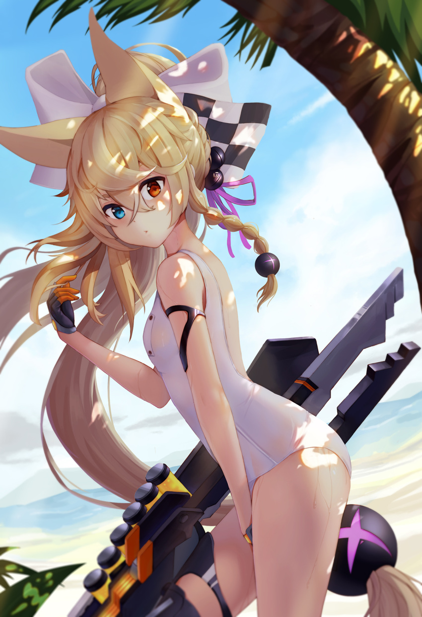 1girl animal_ears arm_strap ass_visible_through_thighs bangs between_legs black_bow black_gloves blonde_hair blue_eyes blue_sky blush bow braid breasts checkered checkered_bow clouds collarbone covered_navel cowboy_shot day estcc eyebrows_visible_through_hair fang from_side g41_(girls_frontline) girls_frontline gloves hair_between_eyes hair_bobbles hair_bow hair_ornament hair_ribbon hand_between_legs heterochromia highres legs_together light_rays long_hair looking_at_viewer low-tied_long_hair low_twintails name_tag neon_trim old_school_swimsuit one-piece_swimsuit open_mouth outdoors purple_ribbon red_eyes ribbon school_swimsuit shade side_braid signature single_braid sky small_breasts solo standing sunbeam sunlight swimsuit thigh_gap thigh_strap thighs twintails very_long_hair wading water wet white_bow white_school_swimsuit white_swimsuit