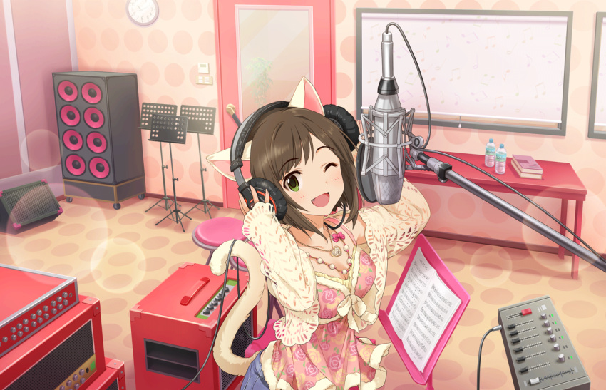 _viewer animal_ears blush brown_eyes cat_ears cat_tail dress fand hands_on_headphones headphones idolmaster idolmaster_cinderella_girls idolmaster_cinderella_girls_starlight_stage looking_at maekawa_miku microphone open_mouth radio_booth recording_studio short_hair singing smile studio_microphone wink