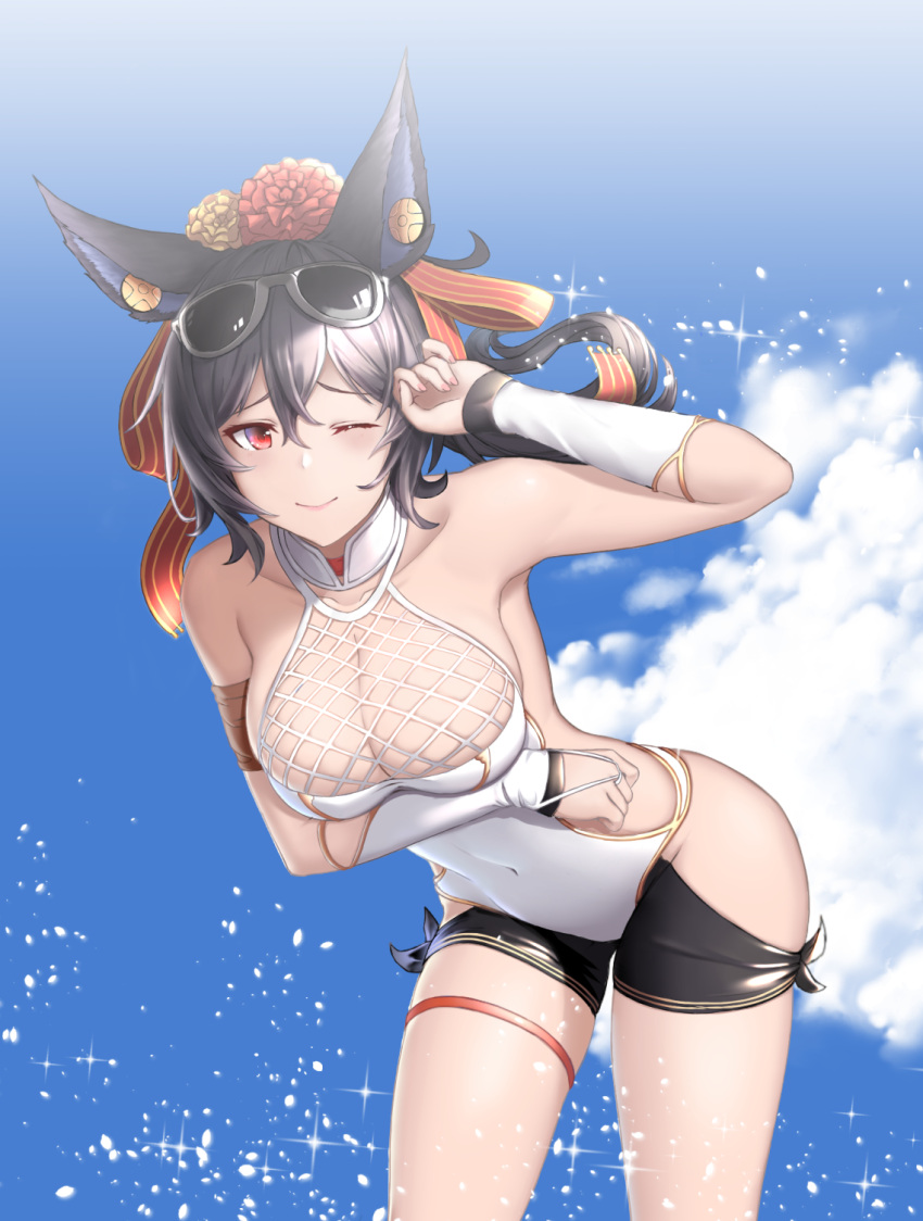 1girl bent_over black_hair blue_sky blush breast_hold breasts cementite cleavage clouds collarbone covered_navel day detached_sleeves earrings erune eyewear_on_head flower granblue_fantasy hair_flower hair_ornament hair_ribbon highres ilsa jewelry large_breasts long_hair looking_at_viewer one_eye_closed outdoors red_eyes ribbon sky smile solo sunglasses swimsuit thigh_strap water wince