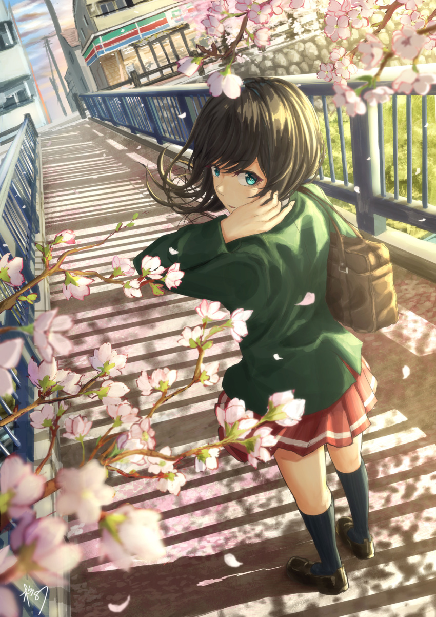 1girl adjusting_hair aqua_eyes bag bangs black_footwear black_hair black_legwear bridge cherry_blossoms dutch_angle eyebrows_visible_through_hair from_behind full_body green_jacket hand_up handbag highres jacket loafers long_sleeves looking_at_viewer looking_back original outdoors over-kneehighs parted_lips perspective petals railing red_skirt revision shadow shoes short_hair skirt solo sugi87 sunlight thigh-highs town wind