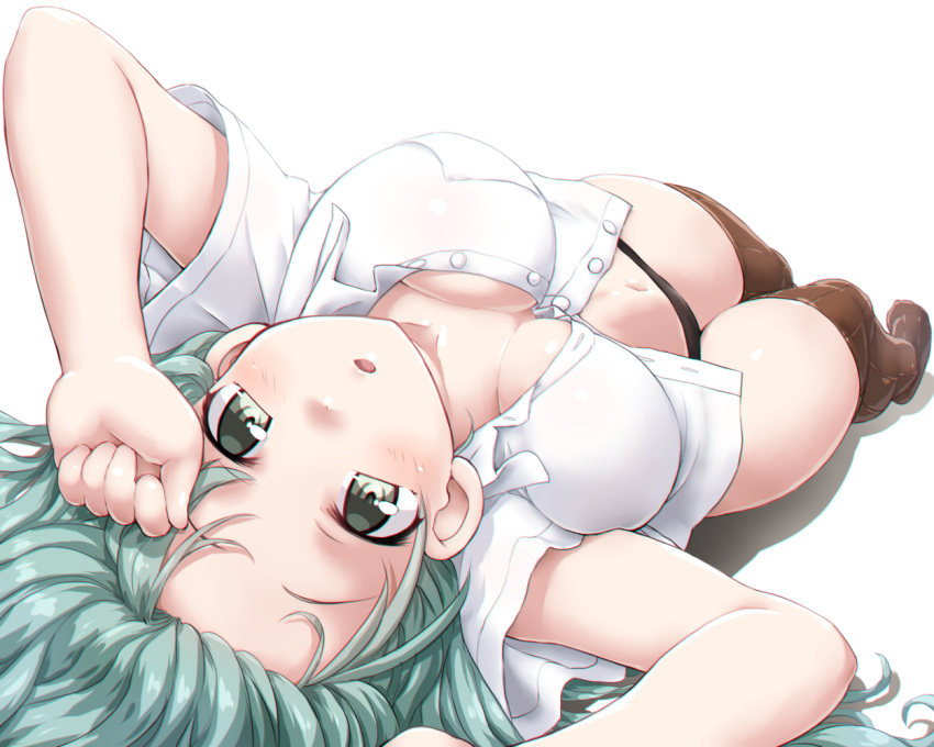 1girl :o black_panties blush breasts brown_legwear cleavage collarbone dd_(ijigendd) foreshortening green_eyes green_hair kantai_collection large_breasts long_hair looking_at_viewer lying navel no_bra no_pants no_shoes on_back open_mouth panties shirt short_sleeves simple_background solo suzuya_(kantai_collection) thigh-highs underwear white_background white_shirt