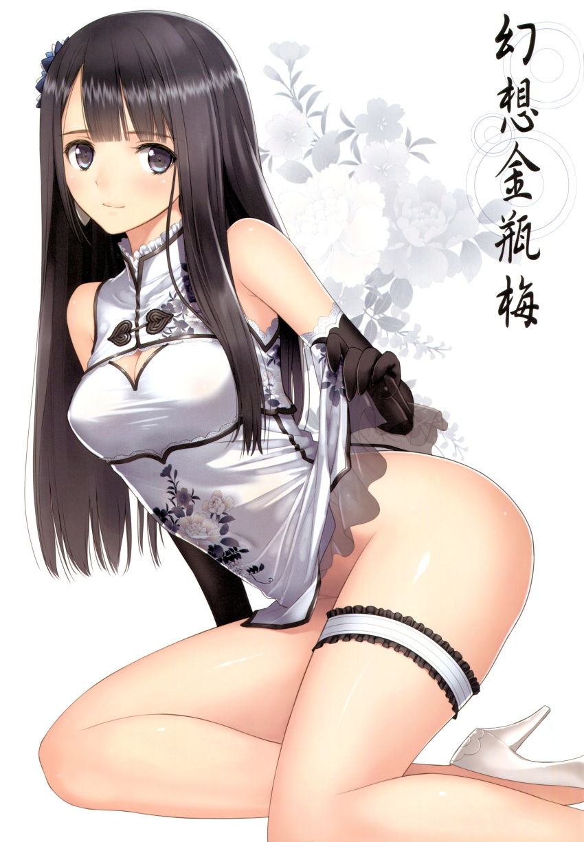 1girl absurdres bangs black_gloves black_hair blush breasts china_dress chinese_clothes cleavage cleavage_cutout closed_mouth dress elbow_gloves eyebrows eyebrows_visible_through_hair floral_background floral_print flower frills gloves grey_eyes hair_ornament high_heels highres kneeling long_hair looking_at_viewer medium_breasts no_panties original ping-yi scan shiny shiny_skin short_dress simple_background sleeveless solo tanaka_takayuki thigh_strap