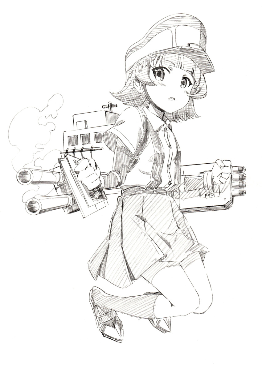 1girl :o absurdres arare_(kantai_collection) cannon collared_shirt commentary_request full_body greyscale gun hat highres jumping kantai_collection long_sleeves looking_at_viewer machinery monochrome parted_lips peaked_cap pink_x pleated_skirt scan shirt short_hair short_over_long_sleeves short_sleeves simple_background skirt smoke smoking_gun socks solo suspender_skirt suspenders traditional_media weapon white_background wing_collar