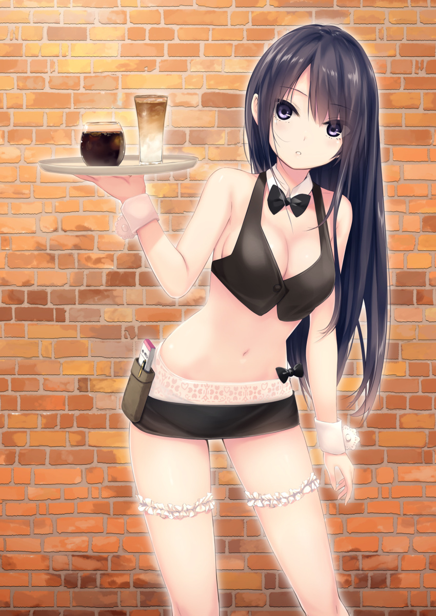 1girl bangs bare_shoulders black_hair blush bow bowtie breasts brick_wall cleavage cleavage_cutout coffee-kizoku commentary_request crop_top cup detached_collar drinking_glass eyebrows_visible_through_hair frills garters highres holding holding_tray long_hair looking_at_viewer medium_breasts miniskirt navel open_mouth original pouch shiramine_rika skirt solo standing tray violet_eyes waitress wall wrist_cuffs