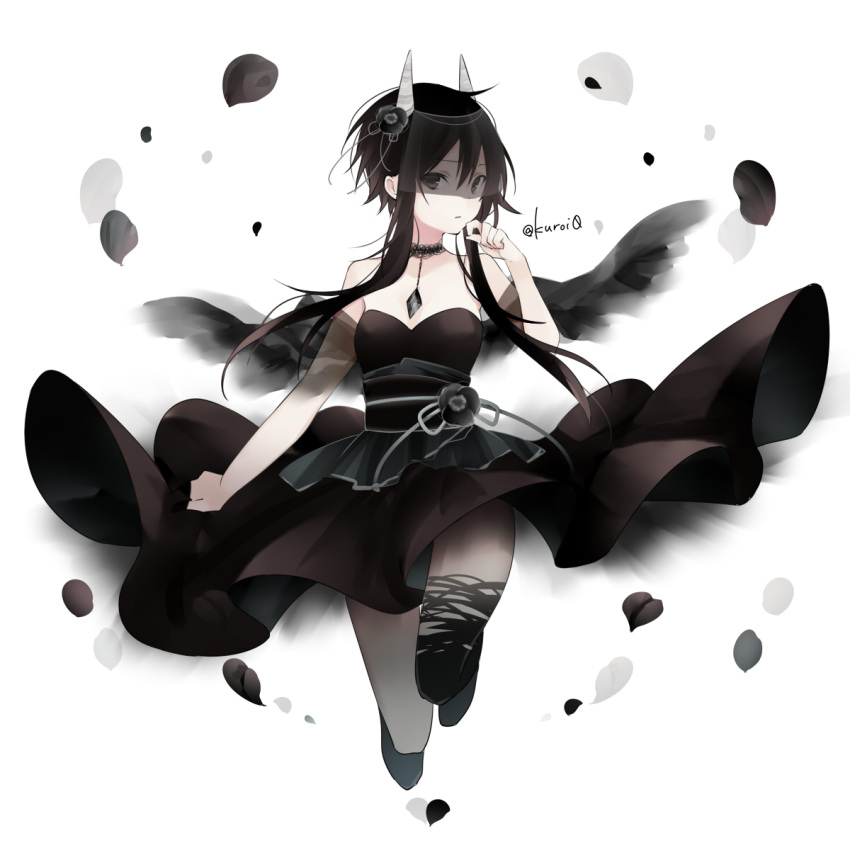 1girl bangs black_dress black_flower black_hair black_wings breasts brown_eyes closed_mouth commentary_request dress flower hair_between_eyes hair_flower hair_ornament hand_up highres horns kuroi_(liar-player) long_hair looking_at_viewer obi original petals sash shaded_face short_hair_with_long_locks sidelocks small_breasts solo strapless strapless_dress twitter_username very_long_hair wings