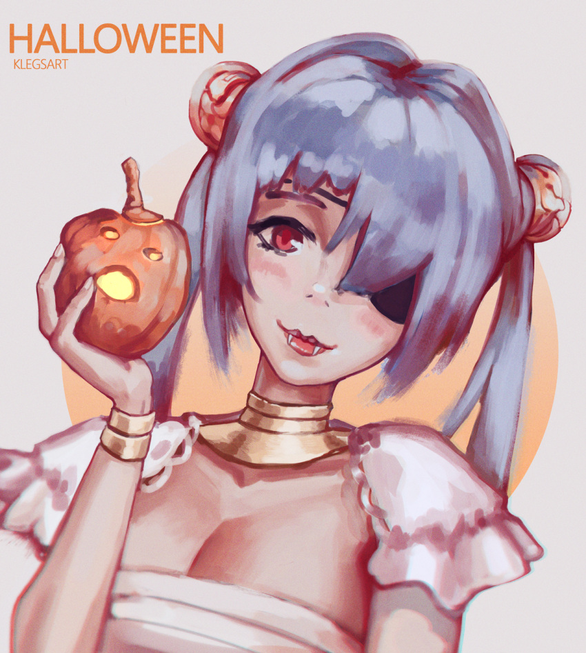 1girl artist_name asymmetrical_bangs bangs blue_hair bracelet breasts closed_mouth commentary english_text fangs gold hair_over_one_eye halloween highres holding_pumpkin jack-o'-lantern jewelry klegsart lips lipstick looking_at_viewer makeup medium_breasts original puffy_short_sleeves puffy_sleeves red_lipstick shiny shiny_hair short_sleeves solo twintails