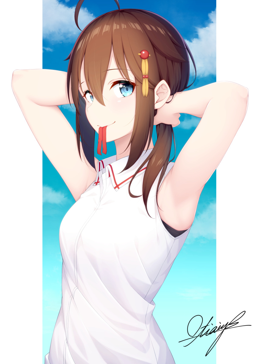 1girl absurdres ahoge alternate_costume armpits bangs blue_eyes blue_sky blush braid brown_hair casual clouds collared_shirt day hair_between_eyes hair_flaps hair_ornament hair_over_shoulder hair_ribbon hair_tie_in_mouth highres kantai_collection long_hair looking_at_viewer mouth_hold ochiai_miyabi outdoors outside_border remodel_(kantai_collection) ribbon shigure_(kantai_collection) shirt sidelocks signature single_braid sky sleeveless sleeveless_shirt smile solo tying_hair upper_body white_shirt