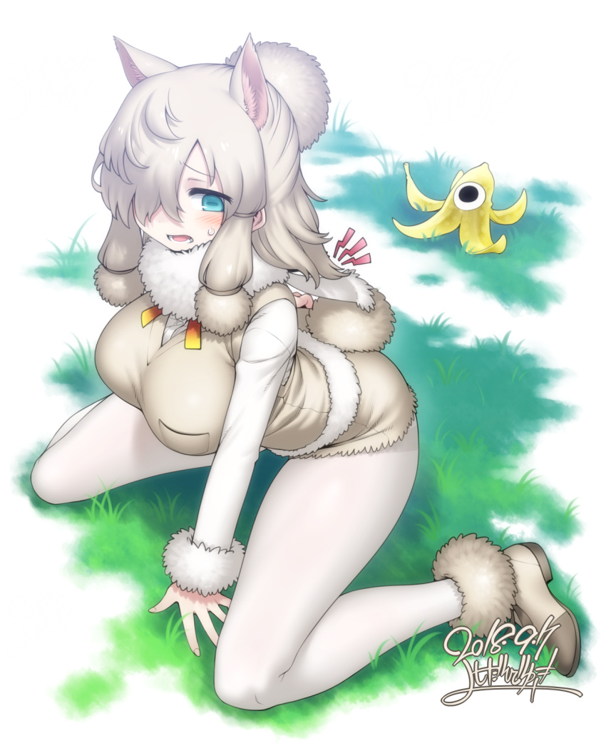 1girl alpaca_ears alpaca_suri_(kemono_friends) alpaca_tail animal_ears aqua_eyes arched_back arm_support arms_behind_back banana_peel bangs blonde_hair blush breast_pocket breasts buttons cerulean_(kemono_friends) commentary_request dated extra_ears eyebrows_visible_through_hair fallen_down from_above full_body fur-trimmed_footwear fur-trimmed_sleeves fur_scarf fur_trim grass hair_over_one_eye hand_on_own_ass highres horizontal_pupils kemono_friends kneeling long_sleeves looking_at_another looking_down medium_hair one-eyed open_mouth outstretched_arm pantyhose pantyhose_under_shorts platinum_blonde pocket scarf shirt shoes shorts signature sweater_vest tail white_legwear white_shirt yoshida_hideyuki