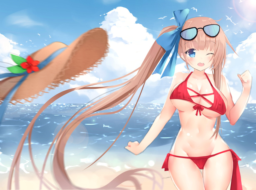 1girl absurdres bare_arms bare_shoulders beach bikini bird blue_eyes blue_ribbon breasts brown_hair cleavage clouds collarbone eyebrows_visible_through_hair eyewear_on_head fal_(girls_frontline) girls_frontline hair_ribbon hat highres hips midriff navel ocean one_eye_closed open_mouth outdoors red_bikini ribbon sky solo sunlight swimsuit waves wide_hips zhao_(pixiv12947327)