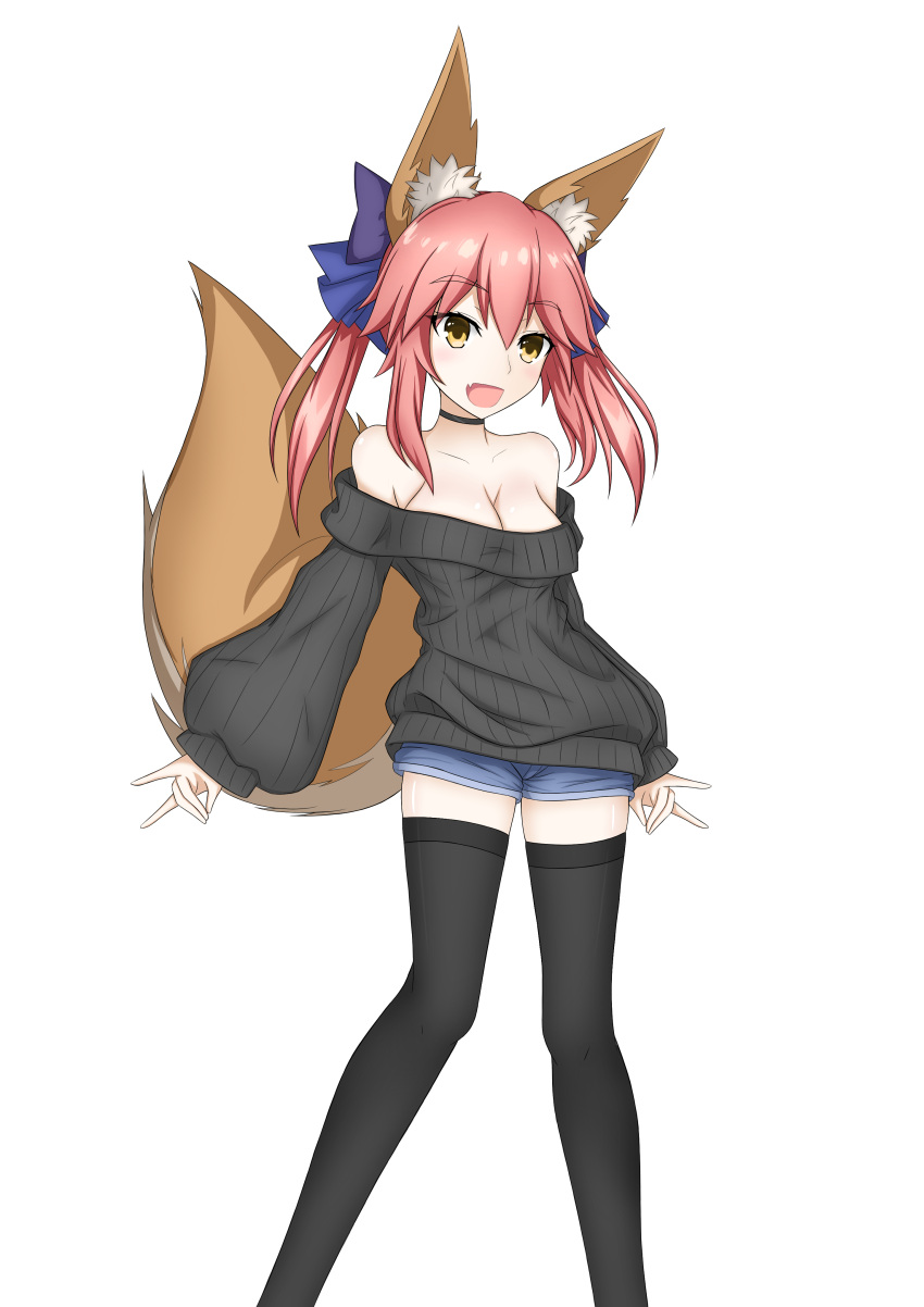1girl absurdres animal_ear_fluff animal_ears bare_shoulders black_legwear blue_ribbon blush breasts casual choker cleavage clothes_pull collarbone fang fate/extella fate/extra fate/extra_ccc fate/grand_order fate_(series) fox_ears fox_girl fox_shadow_puppet fox_tail hair_ribbon highres large_breasts looking_at_viewer nepsuka_(hachisuka) open_mouth pink_hair ribbed_sweater ribbon simple_background solo sweater sweater_pull tail tamamo_(fate)_(all) tamamo_no_mae_(fate) white_background yellow_eyes