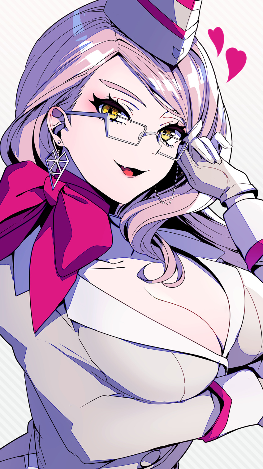 1girl arm_under_breasts breasts business_suit choker cleavage collarbone commentary_request earrings fang fate/grand_order fate_(series) formal glasses gloves hat heart highres holding holding_eyewear jewelry koyanskaya large_breasts long_hair looking_at_viewer neko-san_(dim.dream) open_mouth pink_hair ribbon ribbon_choker smile solo suit white_gloves yellow_eyes
