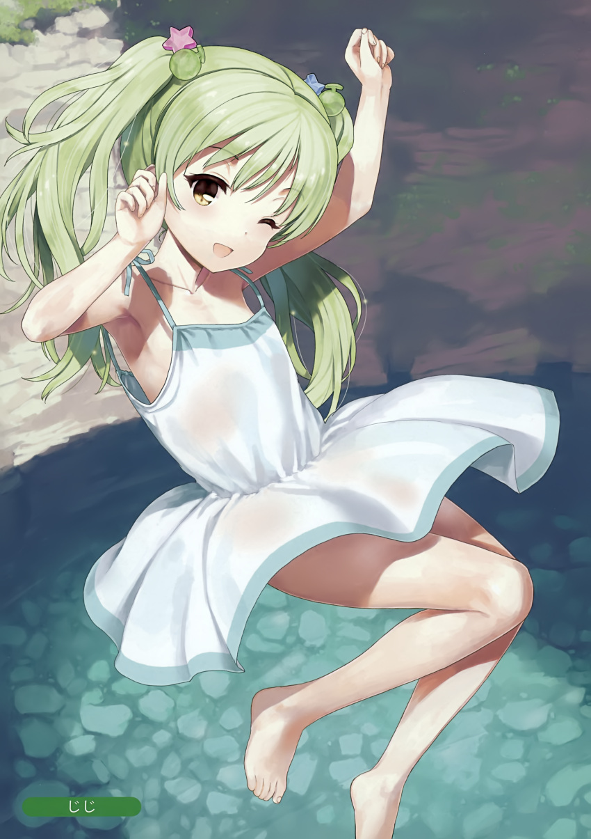 1girl absurdres armpits arms_up barefoot brown_eyes child dress flat_chest green_hair hair_bobbles hair_ornament highres jiji jumping long_hair one_eye_closed open_mouth original outdoors smile solo sundress toes twintails water white_dress wind wind_lift