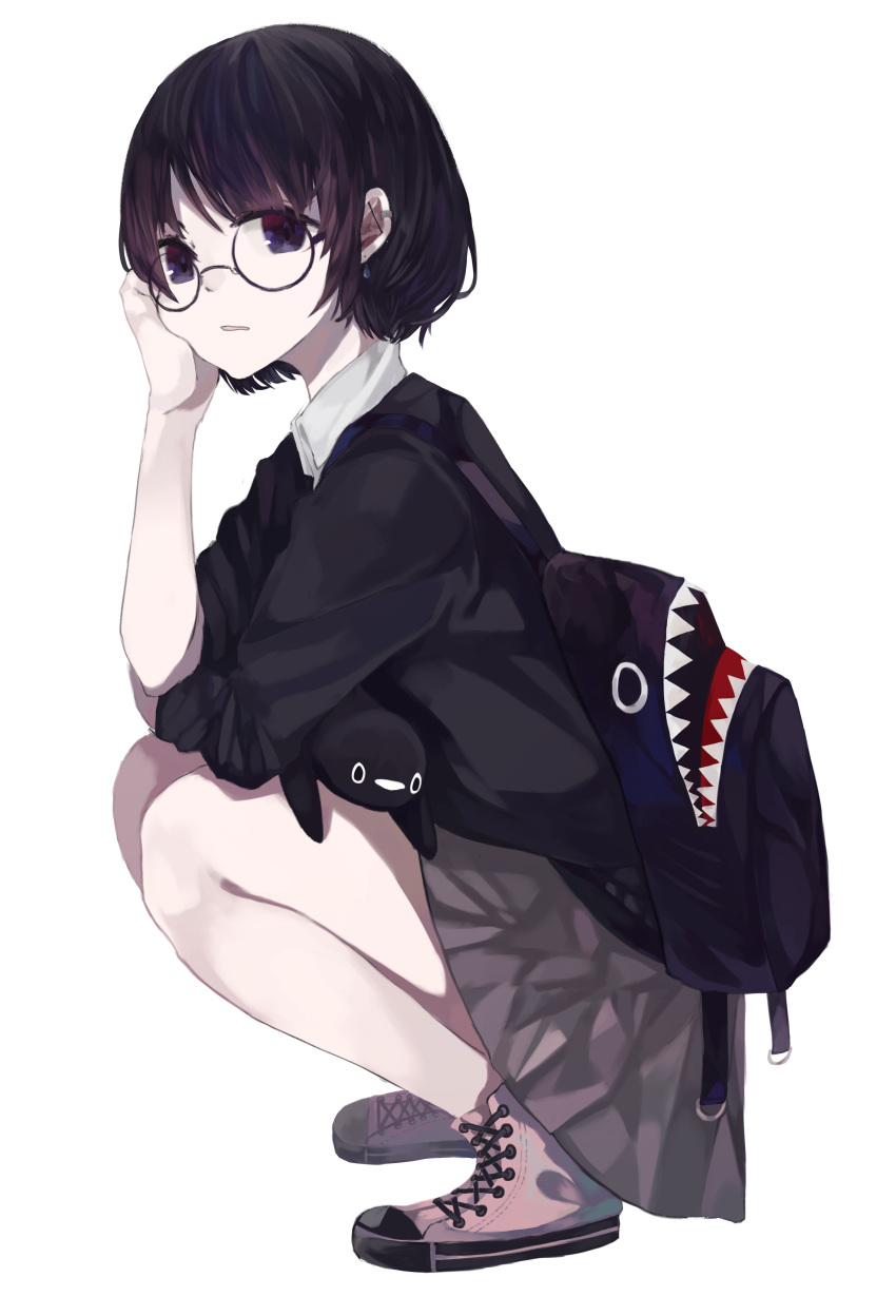 1girl absurdres arm_support backpack bag bangs bird black_hair black_jacket brown_footwear brown_hair brown_skirt cheek_squash collared_shirt commentary_request ear_piercing full_body glasses highres jacket looking_at_viewer looking_to_the_side ogami_ren original parted_lips penguin piercing shirt shoes short_sleeves simple_background skirt solo squatting themed_object violet_eyes white_background white_shirt