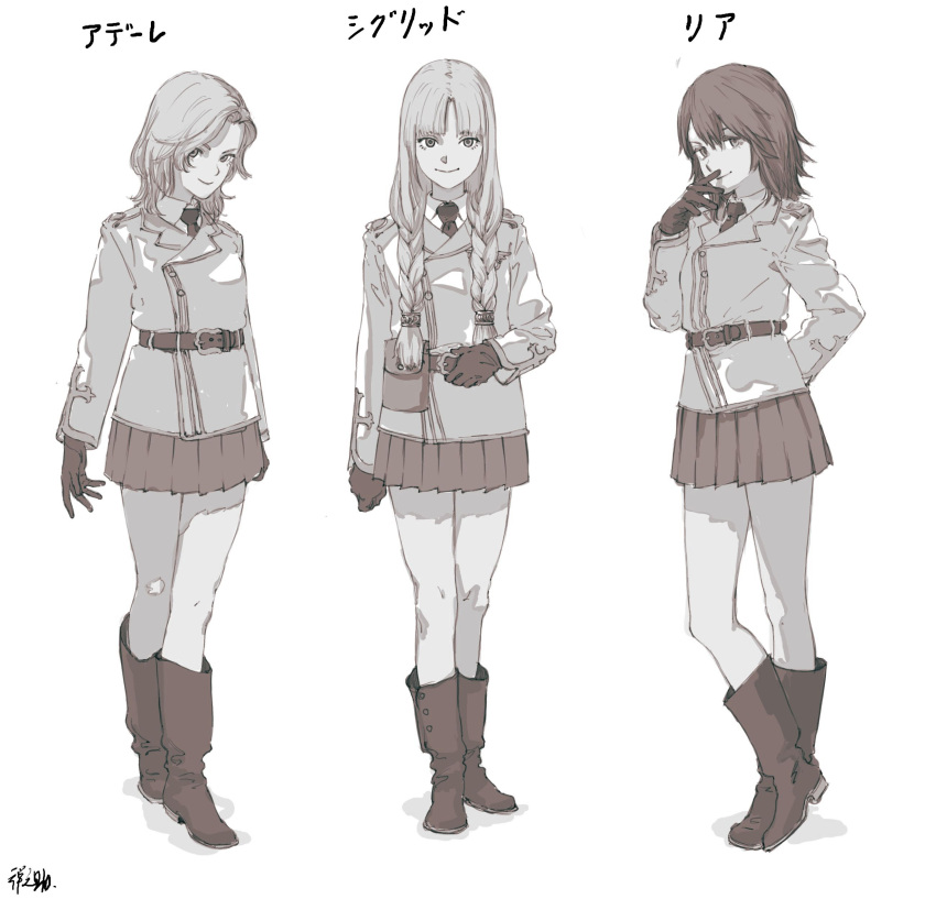 3girls absurdres belt boots braid character_name closed_mouth collared_shirt commentary_request contrapposto girls_und_panzer hair_over_shoulder highres jacket long_hair long_sleeves looking_at_viewer multiple_girls muted_color necktie pleated_skirt pouch shirt short_hair signature skirt smile standing translated twin_braids wing_collar zennosuke