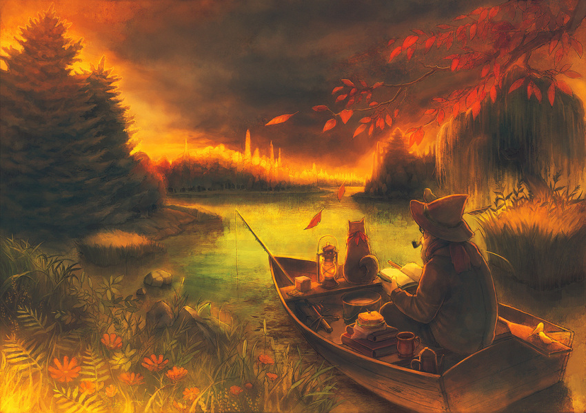 1boy autumn autumn_leaves book book_stack dog fishing_line fishing_rod food hat lake lantern male_focus mitsdasaw old_man orange_(color) original pipe reading red revision sandwich scenery sitting solo spruce sunset tree