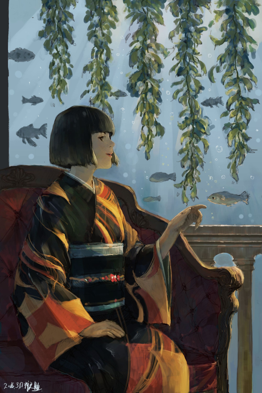 1girl absurdres bangs black_kimono blunt_bangs commentary_request couch dated fish from_side hand_on_lap highres japanese_clothes kimono long_sleeves obi original parted_lips sash seaweed signature smile solo wide_sleeves zennosuke