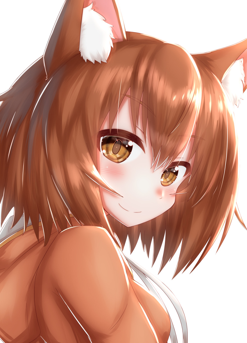 1girl animal_ears blush brown_eyes brown_hair hair_between_eyes highres hood hoodie horokusa_(korai) looking_at_viewer original short_hair smile solo upper_body white_background