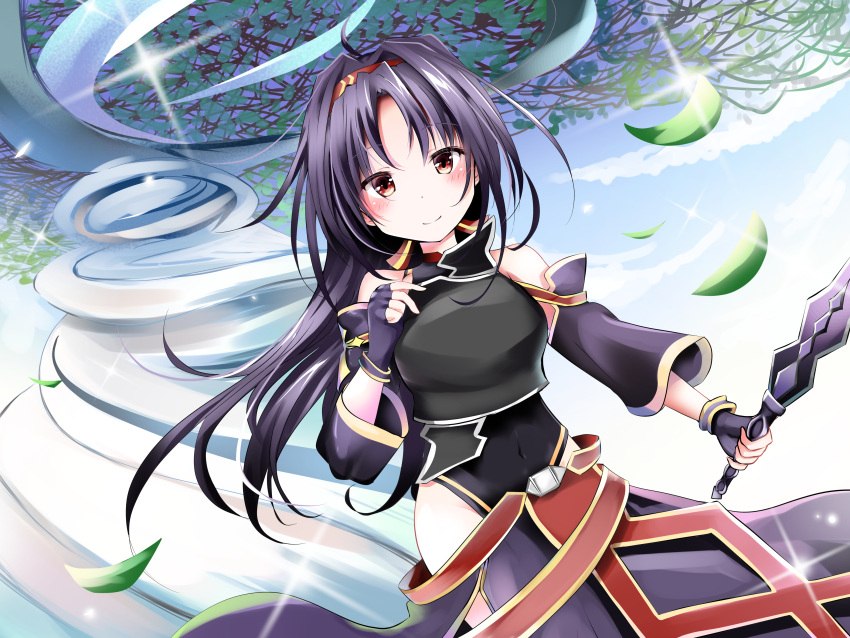1girl absurdres ahoge black_gloves black_hair blush breasts brown_eyes closed_mouth day detached_sleeves eyebrows_visible_through_hair fingerless_gloves gloves hairband highres holding holding_sword holding_weapon kuromiko_shoujo long_hair looking_at_viewer medium_breasts outdoors smile solo sword sword_art_online weapon yuuki_(sao)