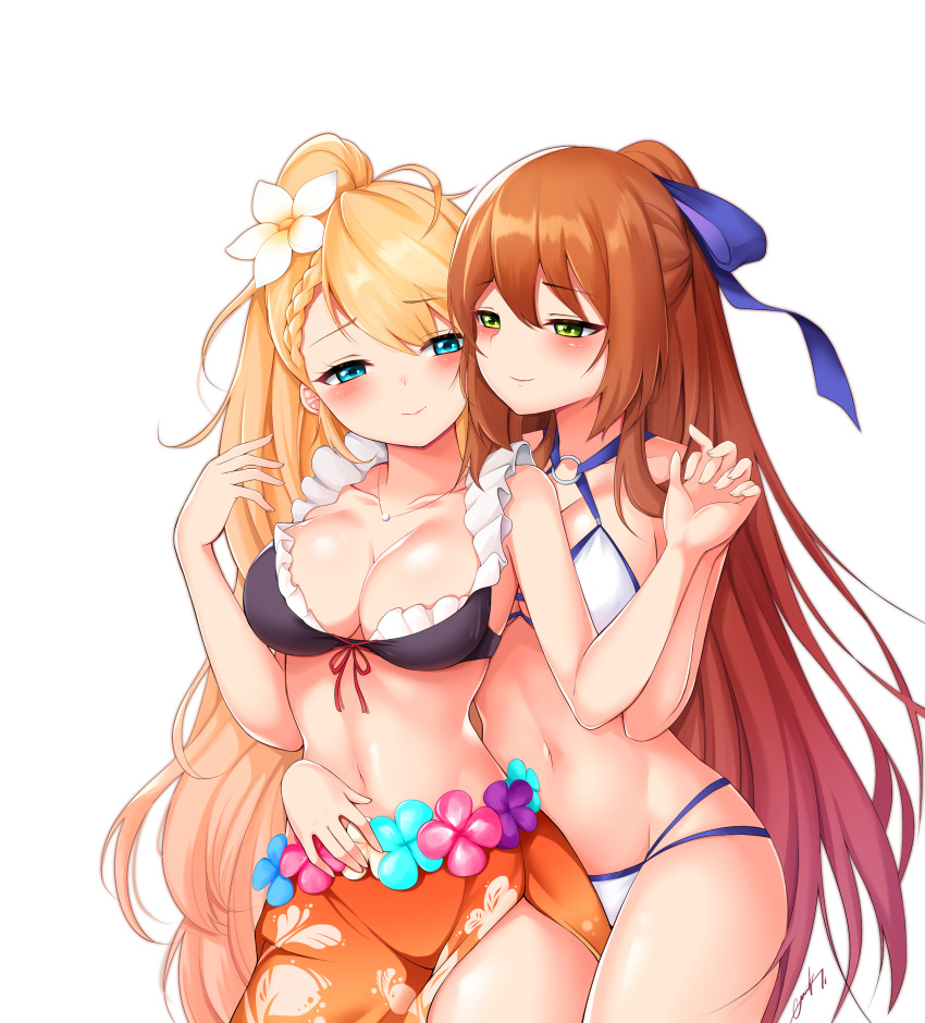 2girls absurdres alternate_costume bangs bare_legs bikini blonde_hair bloody0rabby blue_eyes blush braid breasts brown_hair c: cleavage closed_mouth collarbone couple criss-cross_halter eye_contact eyebrows_visible_through_hair female g36_(girls_frontline) girls_frontline green_eyes groin hair_between_eyes hair_ribbon hair_rings half-closed_eyes halterneck highres jewelry large_breasts legs long_hair looking_at_another m1903_springfield_(girls_frontline) medium_breasts midriff multiple_girls navel necklace o-ring o-ring_bikini o-ring_swimsuit o-ring_top orange_sarong ponytail ribbon sarong side_slit sidelocks simple_background skindentation smile standing stomach swimsuit very_long_hair white_background white_bikini white_swimsuit yuri