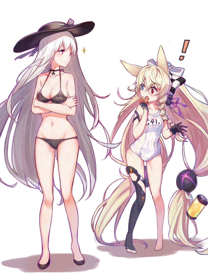 ! 2girls 735308747 absurdres animal_ears bikini blonde_hair braid breasts chinese_commentary cleavage commentary_request cross crossed_arms fox_ears g41_(girls_frontline) girls_frontline gloves hair_ornament hair_ribbon hand_to_own_mouth hat heterochromia highres jewelry kar98k_(girls_frontline) long_hair multiple_girls name_tag necklace prosthesis prosthetic_hand ribbon school_swimsuit single_braid swimsuit twintails very_long_hair white_background white_hair