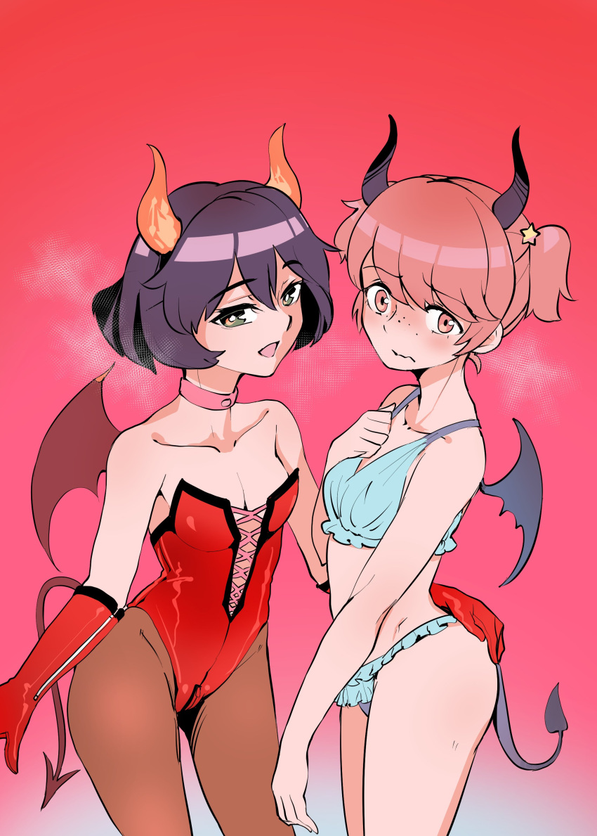 2girls absurdres alisa_(girls_und_panzer) alternate_costume aomushi_(mushamusha) ass_grab bangs black_wings blue_bra blue_panties blush bra breasts brown_eyes brown_hair brown_legwear choker closed_mouth collarbone commentary crotch_zipper demon_girl demon_tail demon_wings embarrassed eyebrows_visible_through_hair freckles frilled_bra frilled_panties frills frown girls_und_panzer gloves hair_ornament hand_on_own_chest highres horns leotard looking_at_viewer multiple_girls naughty_face panties pantyhose pink_choker red_gloves red_leotard red_wings short_hair short_twintails small_breasts smile standing star star_hair_ornament strapless strapless_leotard succubus tail twintails underwear underwear_only utsugi_yuuki wavy_mouth wings zipper